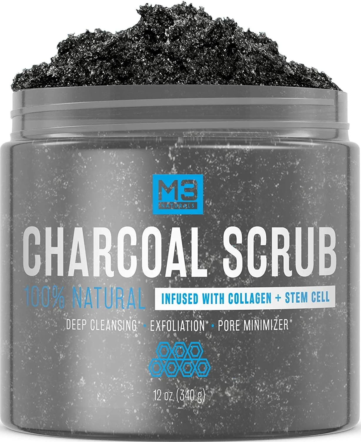 M3 Naturals Activated Charcoal Scrub Infused with Collagen & Stem Cell All Natural Body & Face Skin Care Exfoliating Blackheads Acne Scars Pore Minimizer Reduces Wrinkles Anti Cellulite12 OZ