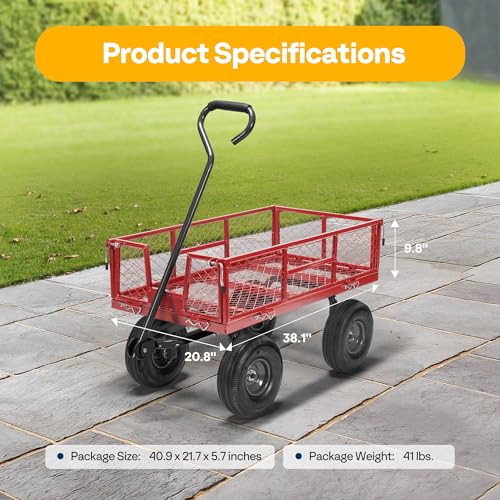 VIVOHOME Heavy Duty 880 Lbs Capacity Mesh Steel Garden Cart Folding Utility Wagon with Removable Sides and 4.10/3.50-4