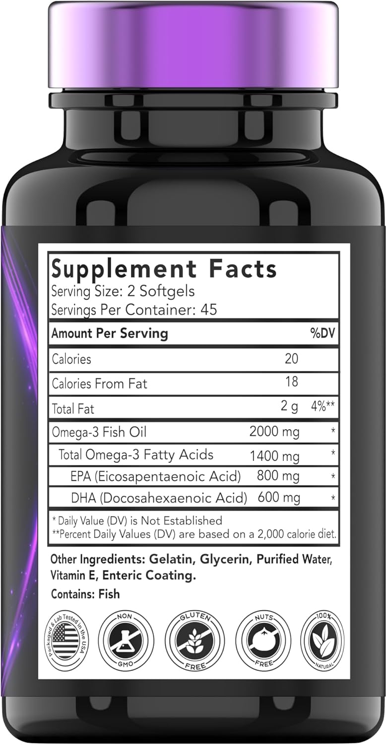 Burpless Omega-3 Fish Oil: 2000mg x 90 Softgels | 1400mg Total Omega-3 Fatty Acids (800mg EPA & 600mg DHA) | Enteric Coated Burpless Ultra Potent Fish Oil | Supports Heart Health