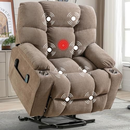 CANMOV Oversized Power Lift Recliner Chair for Elderly, Dual Motor Electric Heavy Duty Lift Recliner with Massage, Heating, USB Port, Cup Holders and Pockets, Brown