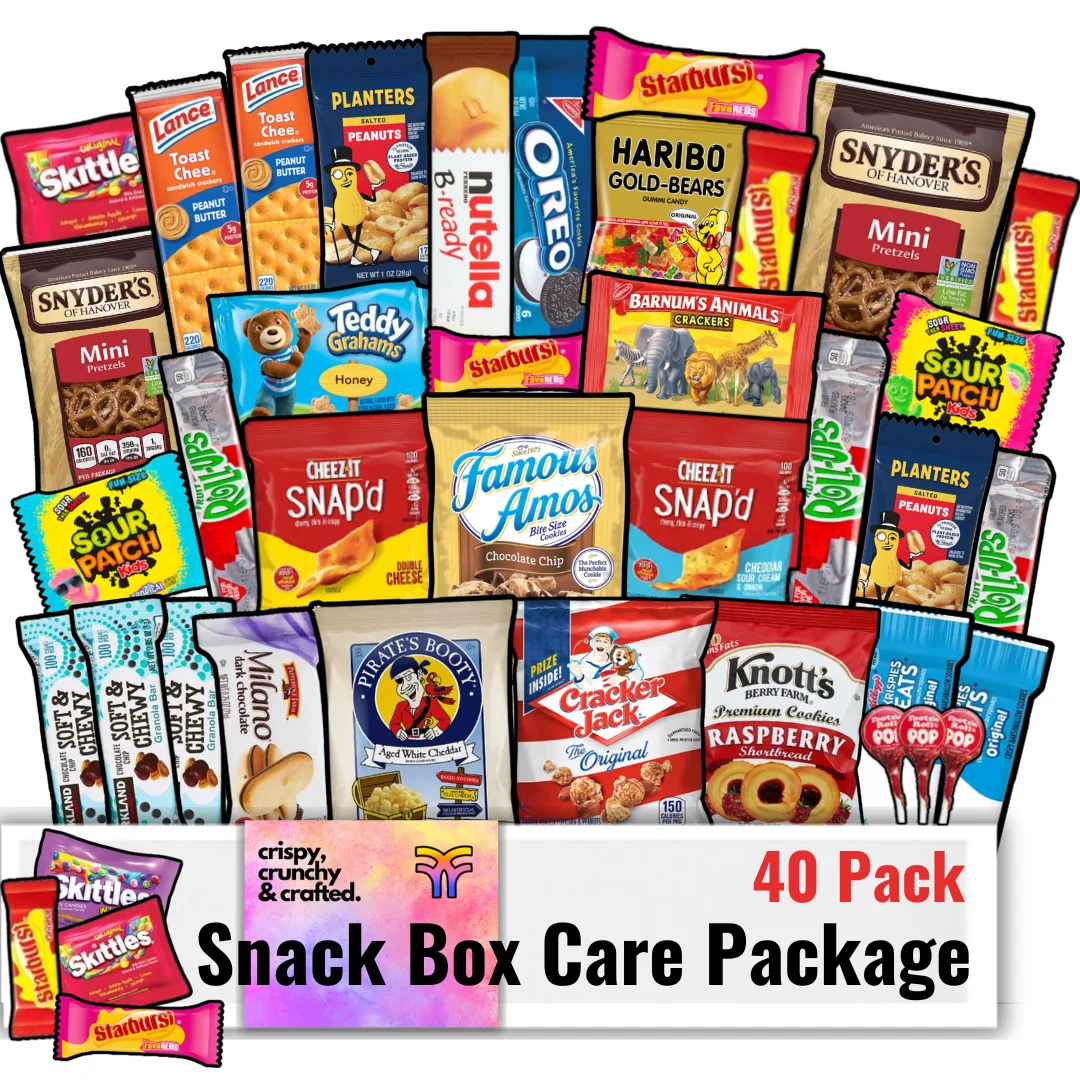 Fountain City Fulfillment Snack Box Care Package - Variety Snack Boxes for Adults, Teens & Kids - Gummy Bears, Peanuts, Snack Pack, Cookie Sandwiches College, Camp, Road Trip 40 Count Cookies Variety