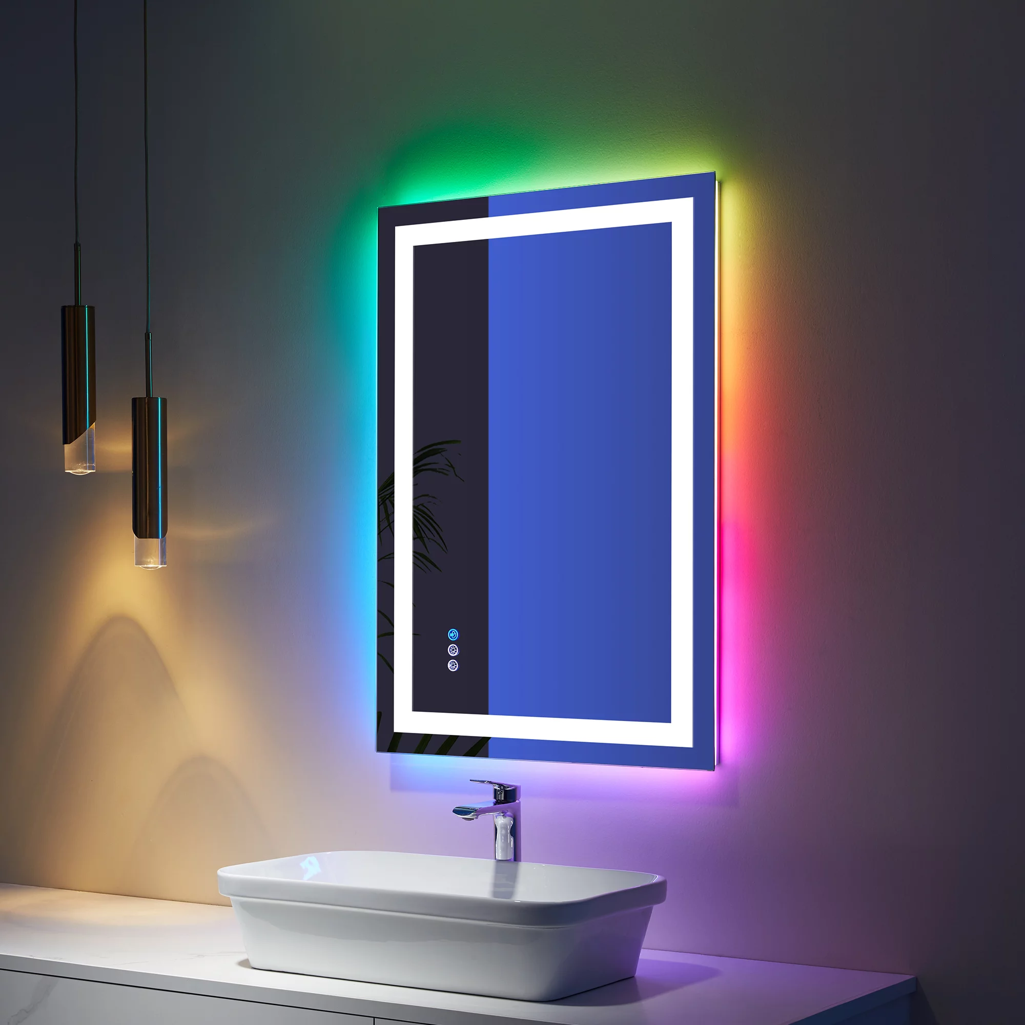 24X36 inch RGB LED Bathroom Mirror Color Changing Backlit + 3 Front Lighting Mirror Anti-Fog Smart Touch Mirror (Horizontal/Vertical)