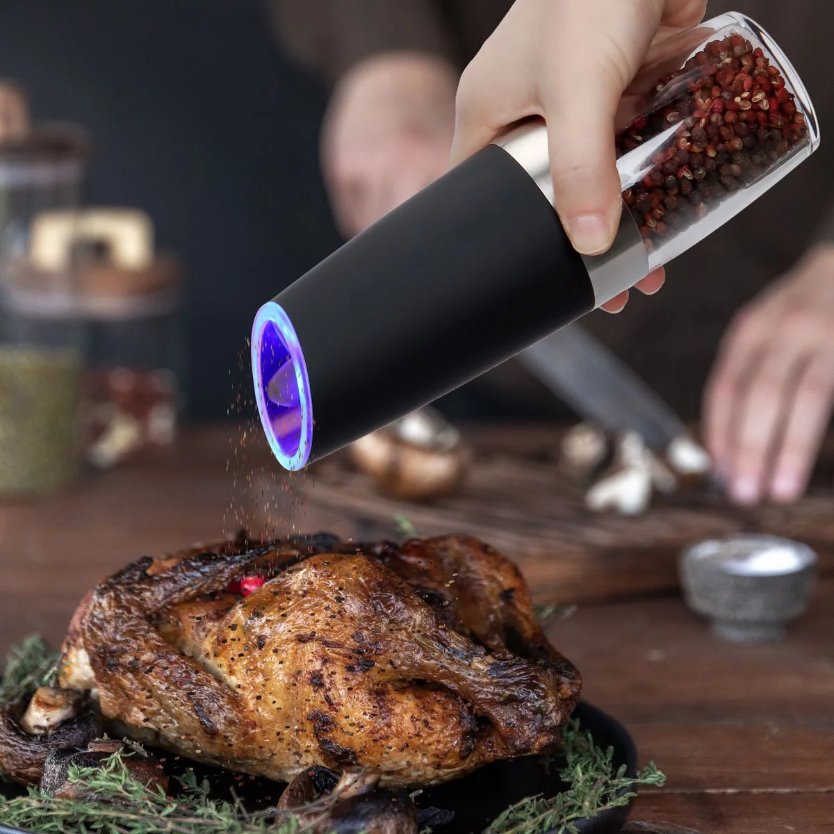 Deago 2 Pack Electric Gravity Salt and Pepper Grinder Set with Adjustable Coarseness Automatic Pepper and Salt Mill Grinder Battery Powered with LED Light