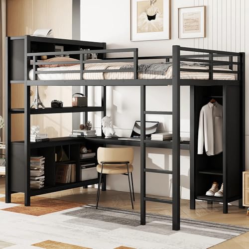 SOFTSEA Full Size Loft Bed with L Shaped Desk, Guardrails and Ladder, Metal Loft Bed Frame with Wardrobe, Shelves and Storage Cubes, for Bedroom Guestroom, White
