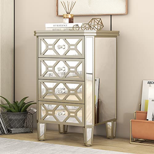 4-Drawer Chest Mirrored Bedroom Chests with Golden Lines, Crystal-Shape Knob, Glass Luster Tall Storage Cabinet for Bedroom Living Room, Entryway, Porch (Silver)