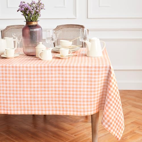 Solino Home Linen Gingham Tablecloth 60 x 132 Inch - 100% Pure Linen Checkered Marshmellow Pink Table Cloth for Rectangle Tables - Machine Washable Tablecloth for Halloween