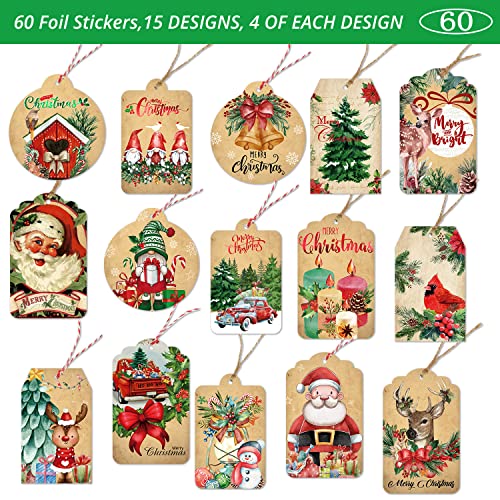 Christmas Gift Tags 60 Count with Untied String (15 Assorted Glitter, Foil, Printed Designs for DIY Xmas Present Wrap and Label Package Name Card)