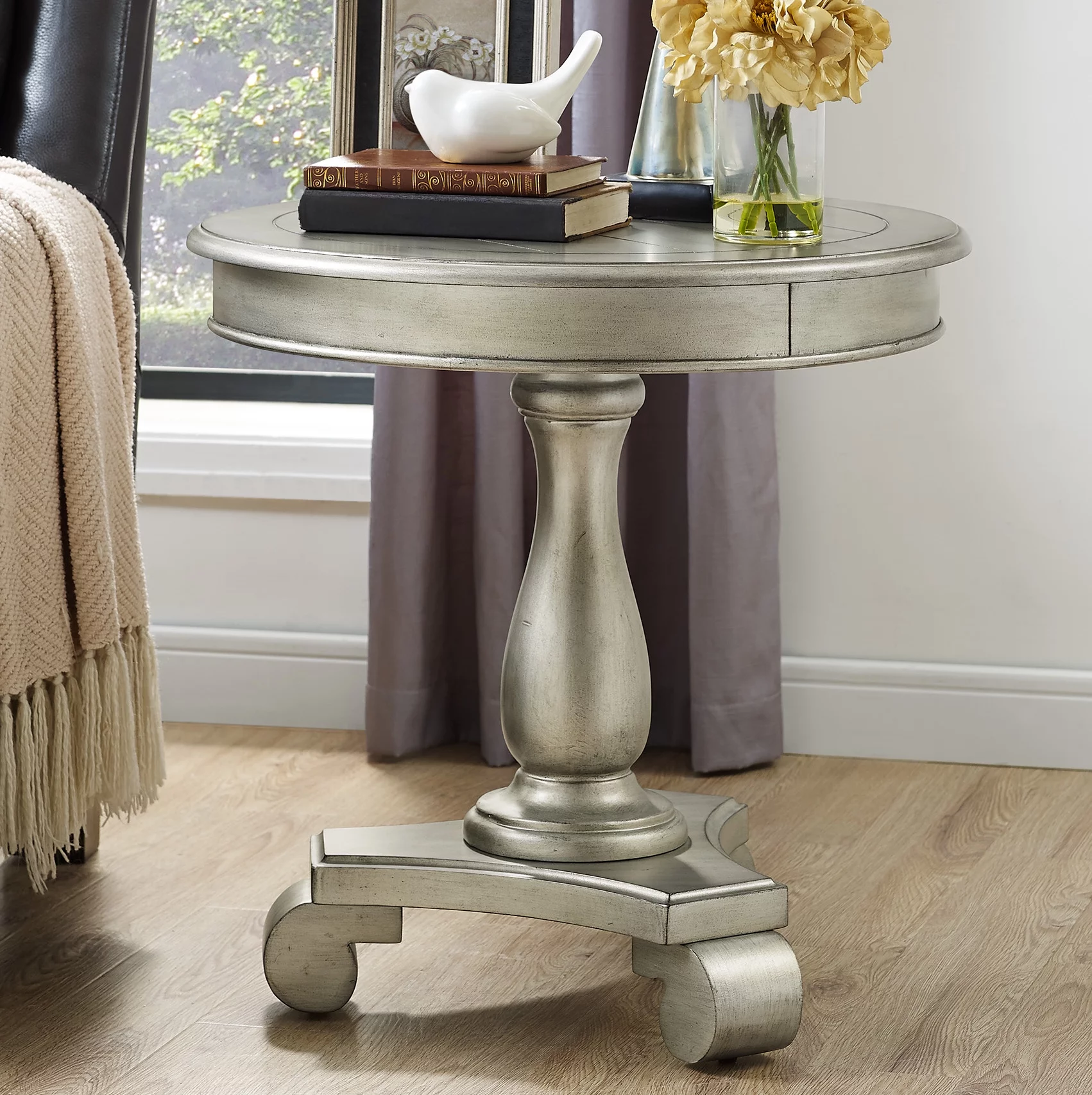 Roundhill Furniture Rene Round Wood Pedestal End Table in Champagne