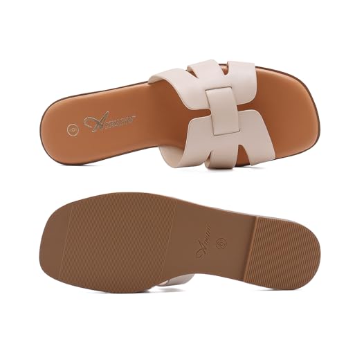 Athlefit Women's Flat Sandals Dressy Summer Square Open Toe Slip On Leather Slide Sandals