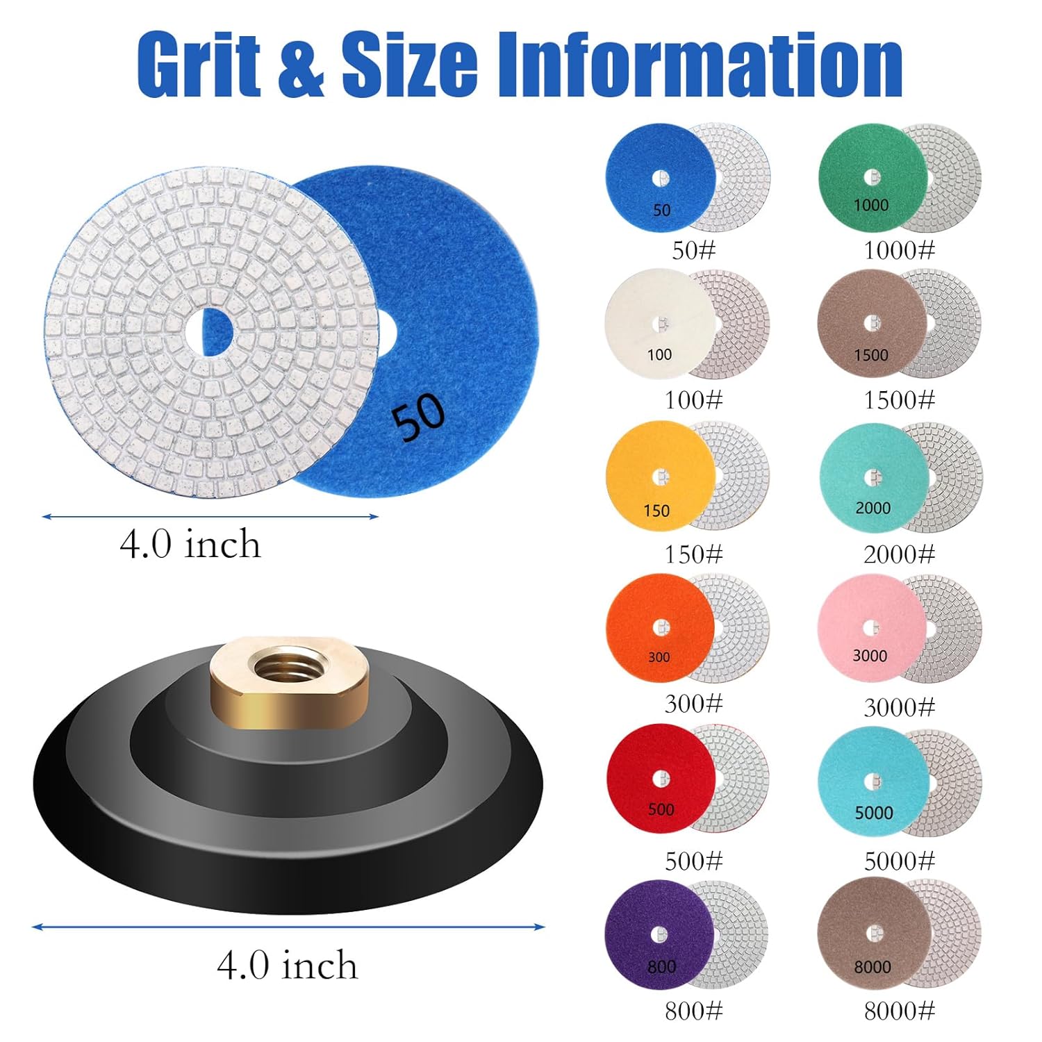 12+1 Pack Diamond Polishing Pads, Windspeed 4 Inch Diamond Polishing Discs Kit for Granite Polishing Pads Wet/Dry Marble Polishing Pads for Concrete Stone Countertop Quartz Polishing (50-8000 Grit)