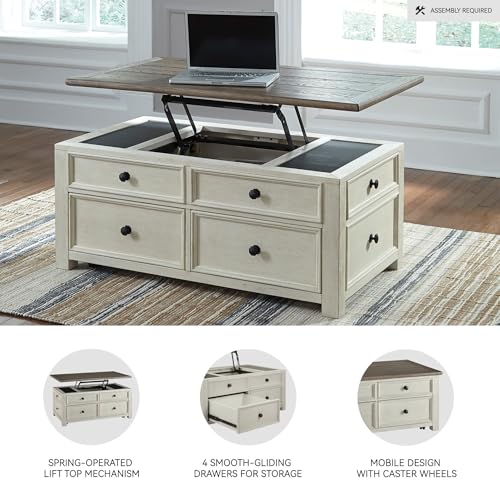 Signature Design by Ashley Bolanburg Farmhouse Lift Top Coffee Table with Drawers, Antique Cream & Brown