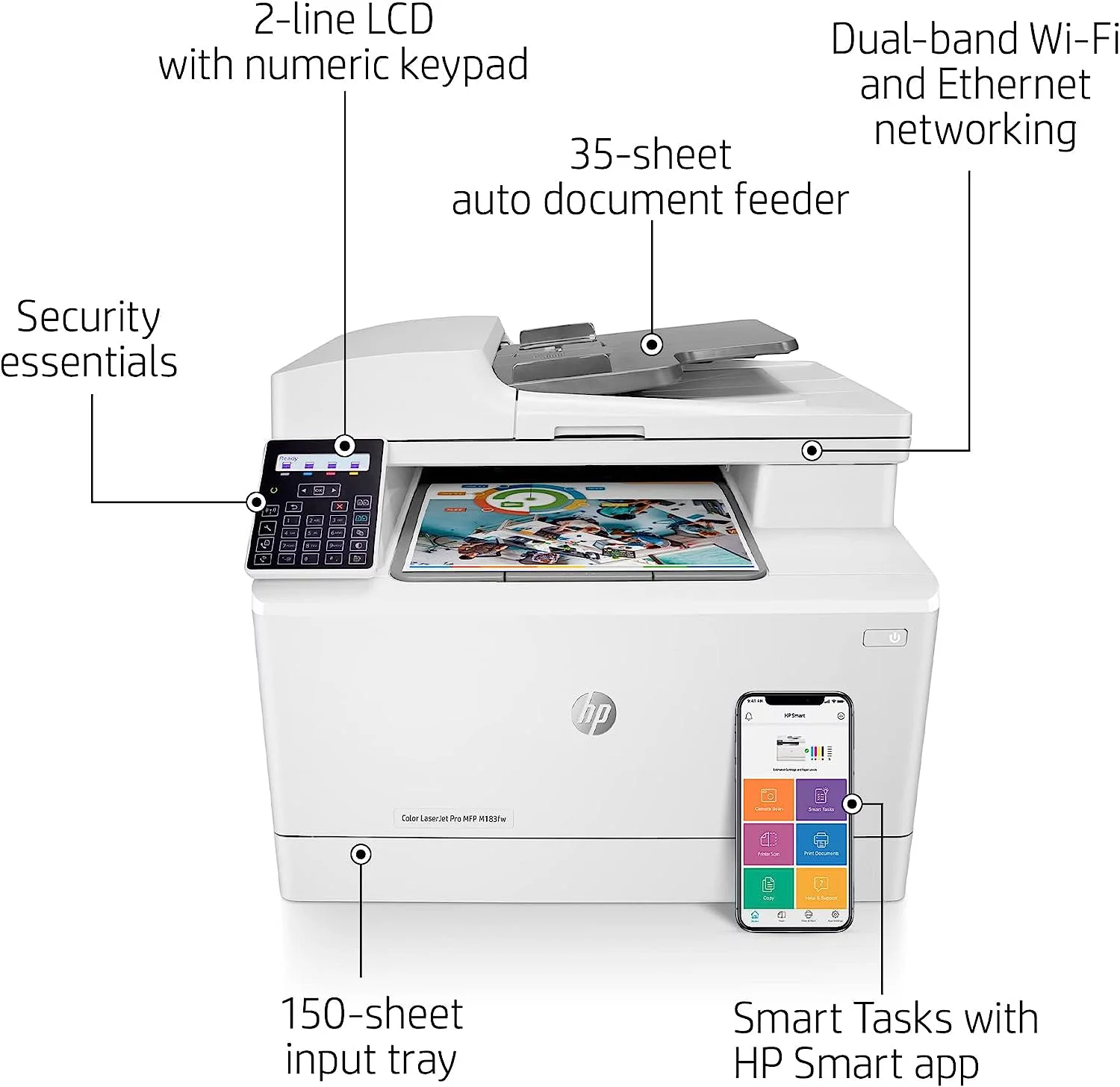 HP Color Laserjet Pro M183fw Wireless All-in-One Laser Printer for Home Office-Print Scan Copy Fax-16 ppm, 600 x 600 dpi, 8.5 x 14, Auto 2-Sided Printing,35-Sheet ADF,Ethernet,4 Feet USB Printer Cable