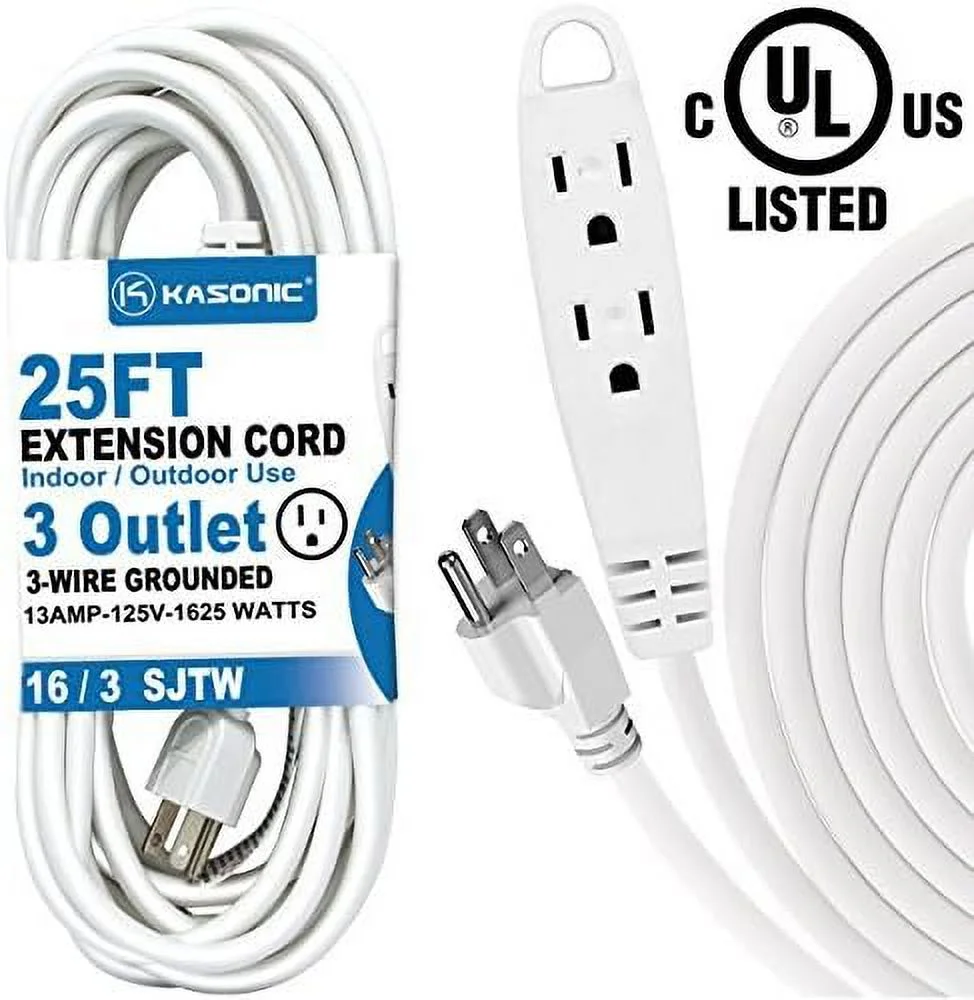 25-Feet 3 Outlet Extension Cord, Kasonic UL Listed, 16/3 SJTW 3-Wire Grounded, 13 Amp 125 V 1625 Watts, Multi-Outlet Indoor/Outdoor Use, White White 25 FT