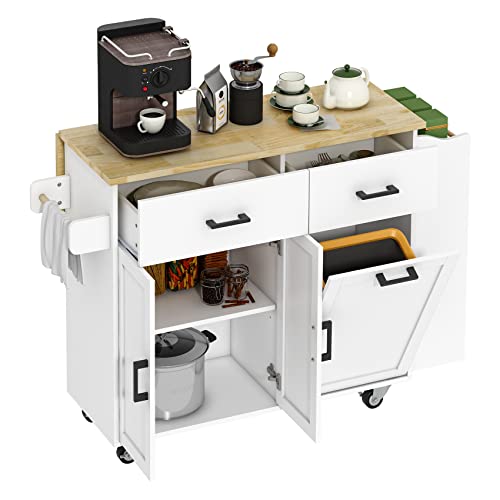 Rolling Kitchen Island with Trash Storage Cabinet, 2 Drawers, Kitchen Island with Drop Leaf, Kitchen Storage Islands Carts W/ 3 Spice Rack, Tilt Out Trash Cabinet, Island Table for Kitchen