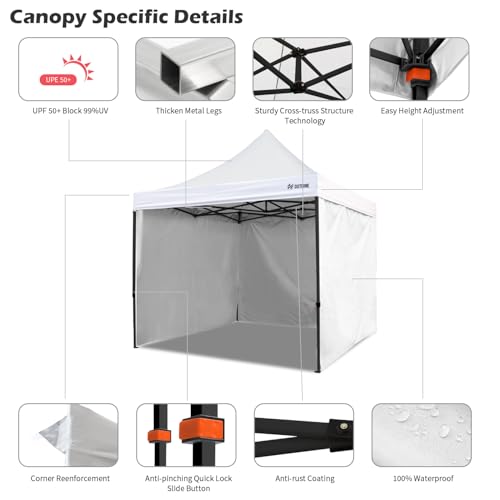 OUTFINE Heavy Duty Canopy 10x10 Pop Up Commercial Canopy Tent with 3 Side Walls Instant Shade, Bonus Upgrade Roller Bag, 4 Weight Bags, Stakes and Ropes (White, 10 * 10FT)