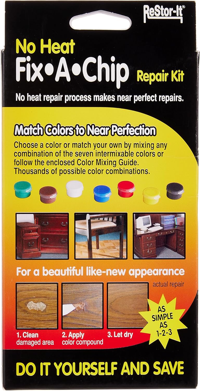 Master Manufacturing Restor-It Fix A Chip Kit, Filler, & Patch Materials to Repair A Laminate Countertop, Wall, White Desk Or Wood Furniture, Office Supplies, 7 Paints, Multicolor