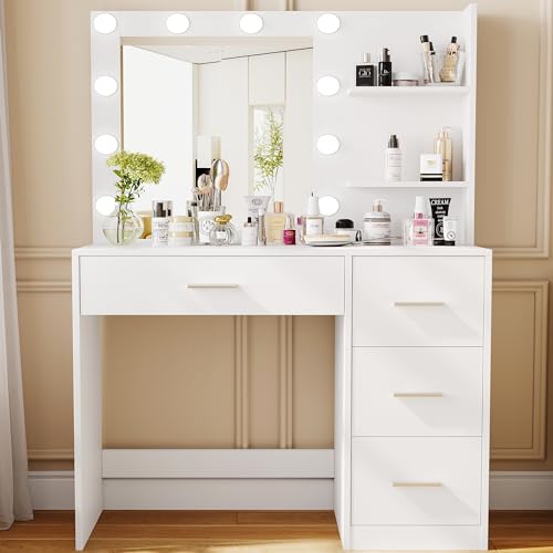 Rovaurx Makeup Vanity Table with Lighted Mirror, Makeup Vanity Desk with Storage Shelf and 4 Drawers, Bedroom Dressing Table, 10 LED Lights, White