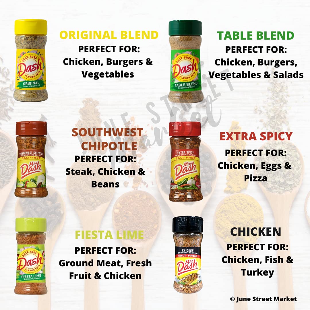 Mrs. Dash Salt Free Seasoning Blends Variety Bundle Pack - 12 Flavor Variety With June Street Market Blank Recipe Card