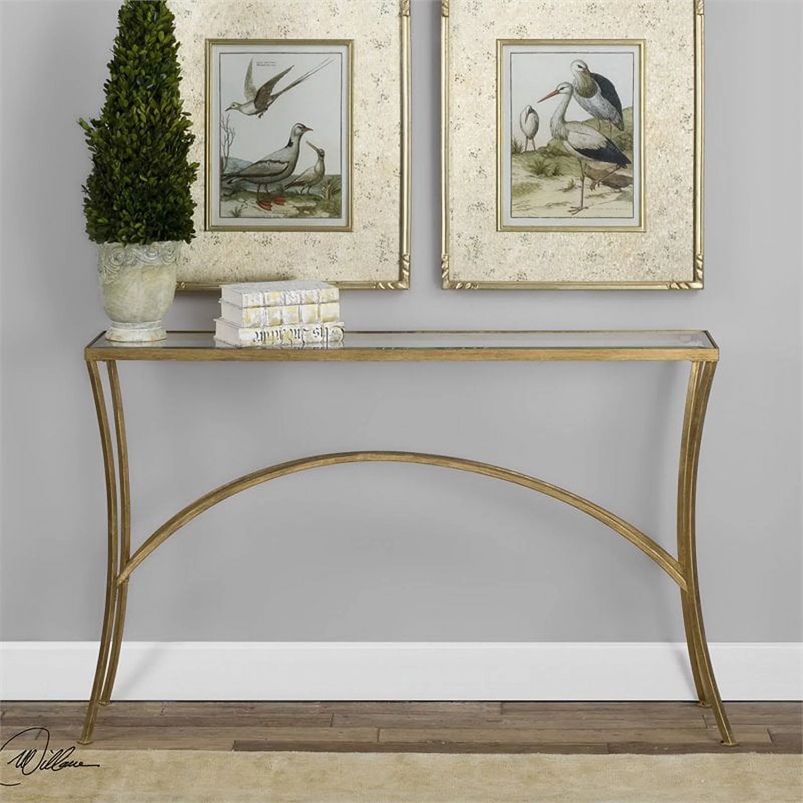 Allora Contemporary Glass Top Console Table in Gold