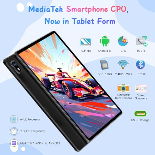 Android 14 Tablet 10.1 Inch,4G SIM Unlocked, Quad-Core CPU 2.0GHz,3GB+32GB, TF Expandable, IPS Display, 5G WiFi, Bluetooth 5.0,5MP+8MP Dual Cameras,5000mAh, GPS, Google Kids Space，Black case