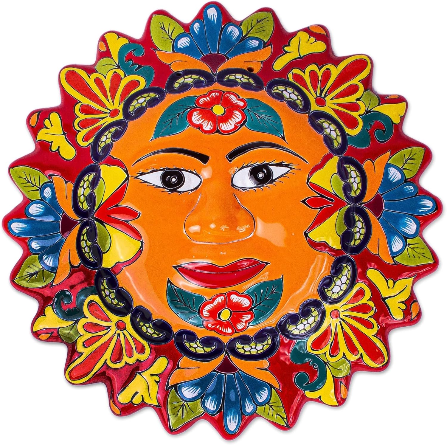 NOVICA Handmade Talavera Style Ceramic Plaque Colorful Floral Sun Wall from Mexico Multicolor Decor Plaques [17in H x 17in W x 2.8in D] 'Pure Sun'