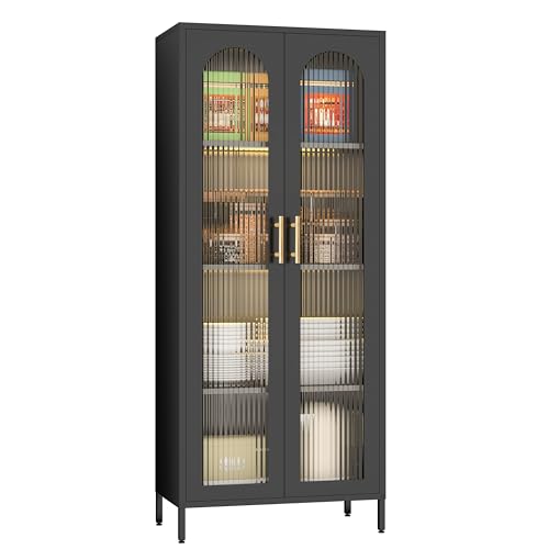 Metal Storage Cabinet, 65” Kitchen Pantry Cabinet with Glass Doors and 3 Adjustable Shelves, Display Curio Cabinet with 2 LED Lights, Black Cabinet for Home Office, Dining Room, Living Room