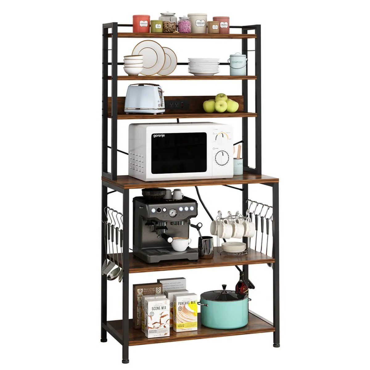 SYTHERS Bakers Rack with Power Outlets, 6-Tier Microwave Stand with 10 S hooks, Large Kitchen Storage Rack for Kitchen, Living Room, Rustic Brown, 31.5