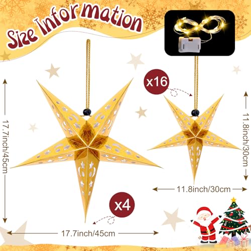 Hortsun 20 Set Christmas Paper Star Shape Lantern 2 Size 17.7 11.8 Christmas Hanging Ornaments Lights 3D Lampshade Hanging Decor with 20 LED Light for Xmas New Year(White)