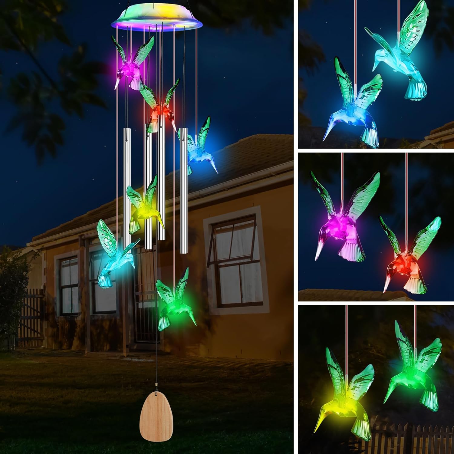 Solar Wind Chime with 4 Aluminum Tubes Hummingbird Solar Wind Chimes Outdoor Waterproof Wind Chimes for Home Garden Decor 7-Color Changing