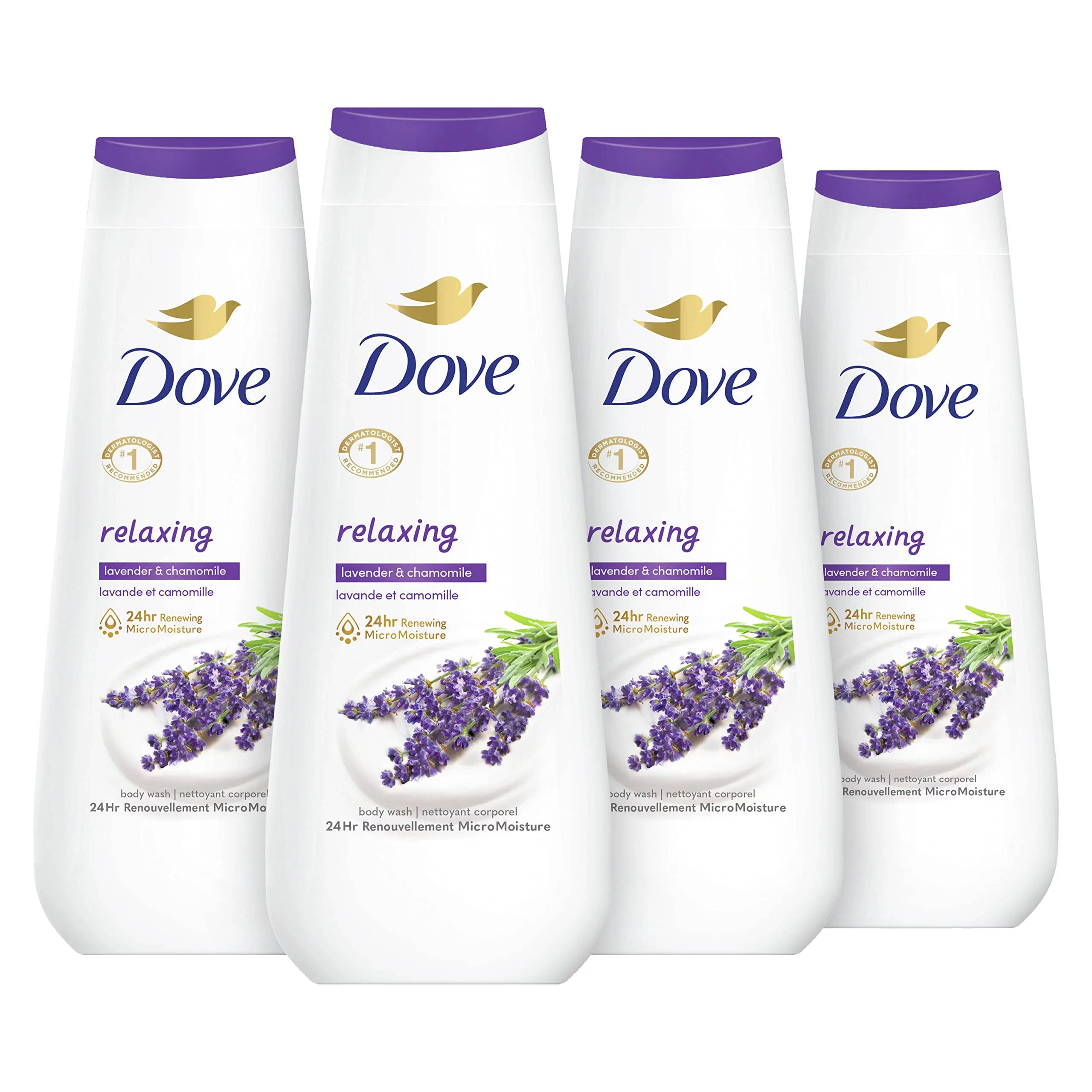 Dove Body Wash Relaxing Lavender Oil & Chamomile 4 Count For Renewed, Healthy-Looking Skin Gentle Skin Cleanser With 24Hr Renewing Micromoisture 20 Oz.