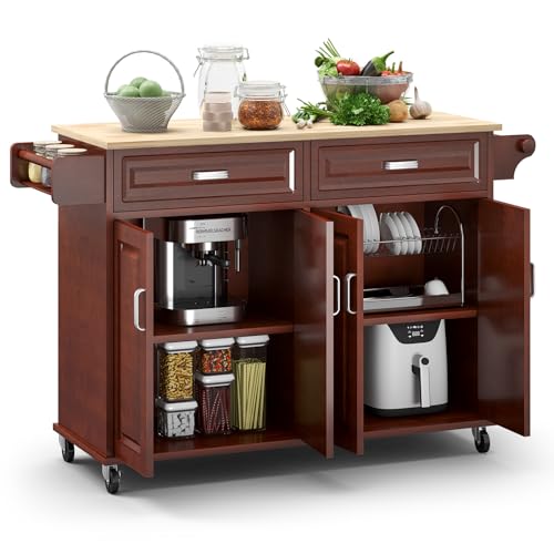 Rovibek Kitchen Island with Drawers 53 in Rolling Island Cart Mobile Solid Wood Portable Islands on Wheels with Storage Cabinet & Drawers, White