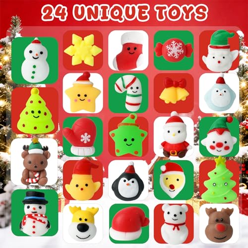 Christmas Advent Calendar 2025 Squishies,24 Mochi Squishy Toys, Christmas Countdown Calendar,Xmas Stocking Stuffers Gifts for Kids Toddlers Boys Girls Christmas Party Favor