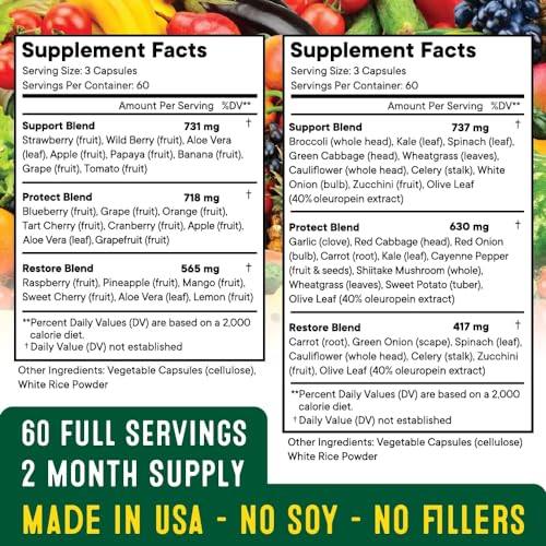 Superfood Fruit and Veggie Supplement - 360 Whole Super Fruit and Vegetable Supplements & Vitamin, Natural Energy Levels, with Olive Leaf Soy Free- 180 Count (Pack of 2)