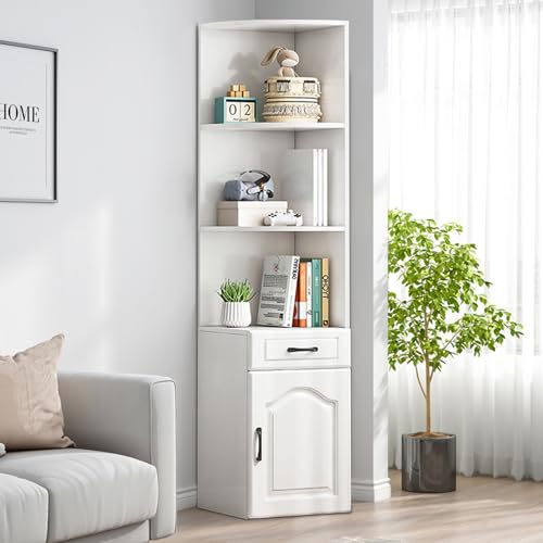 Tall Corner Cabinet, Triangle Corner Hutch with Open Shelves Drawer Single Door Sofa Side Floor Storage Cabinets Farmhouse Style Organizer Home Space Saver Hutch for Bathroom Kitchen Livi