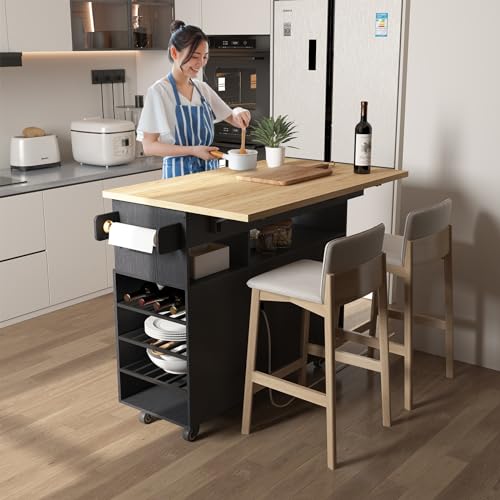 Rolling Mobile Kitchen Island Cart with Desktop Drop Leaf Countertop, Island Table Storage with 5 Wheels, Rolling Kitchen Cabinet with Power Socket (White, with Countertop)