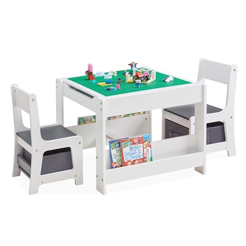 Kids Table and 2 Chair Set, 4 in 1 Construction Play Table with Bookshelves and Storage Drawer, 2 in 1 Detachable Tabletop for Drawing, Reading, Build Blocks (White & Grey)