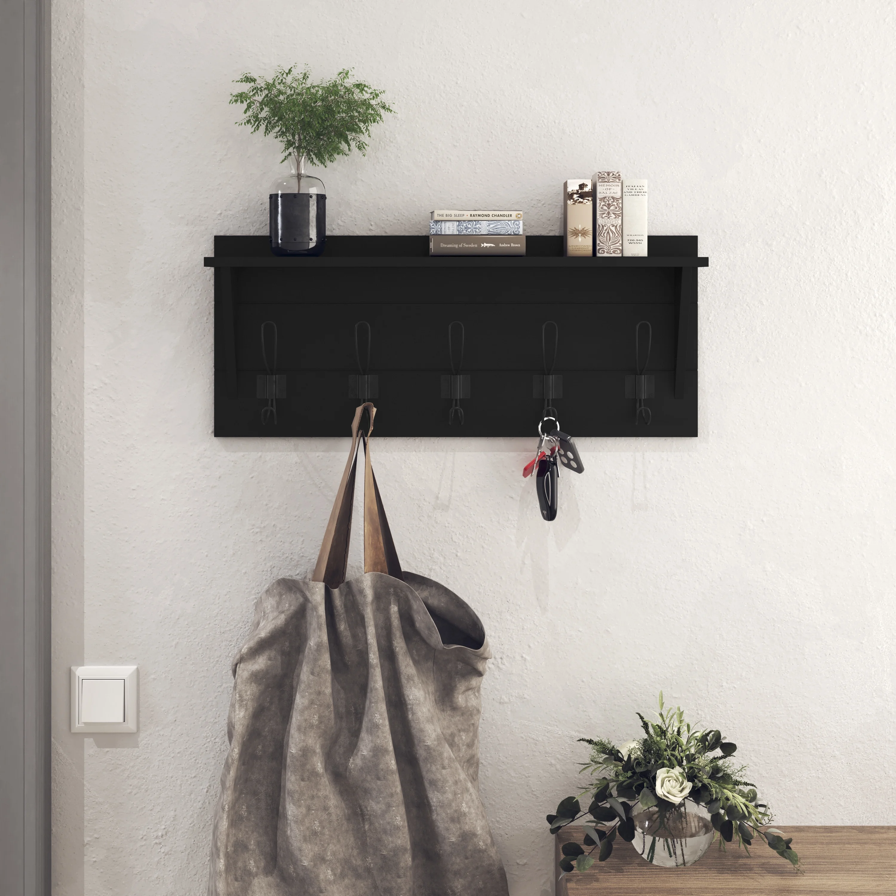 HBCY Creations Rustic Wall Mounted Coat Rack Shelf - Wooden Country Style 24