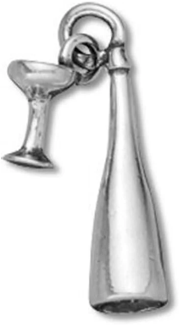 Sterling Silver 3D Moveable Champagne Bottle With Glass Charm Item #35692