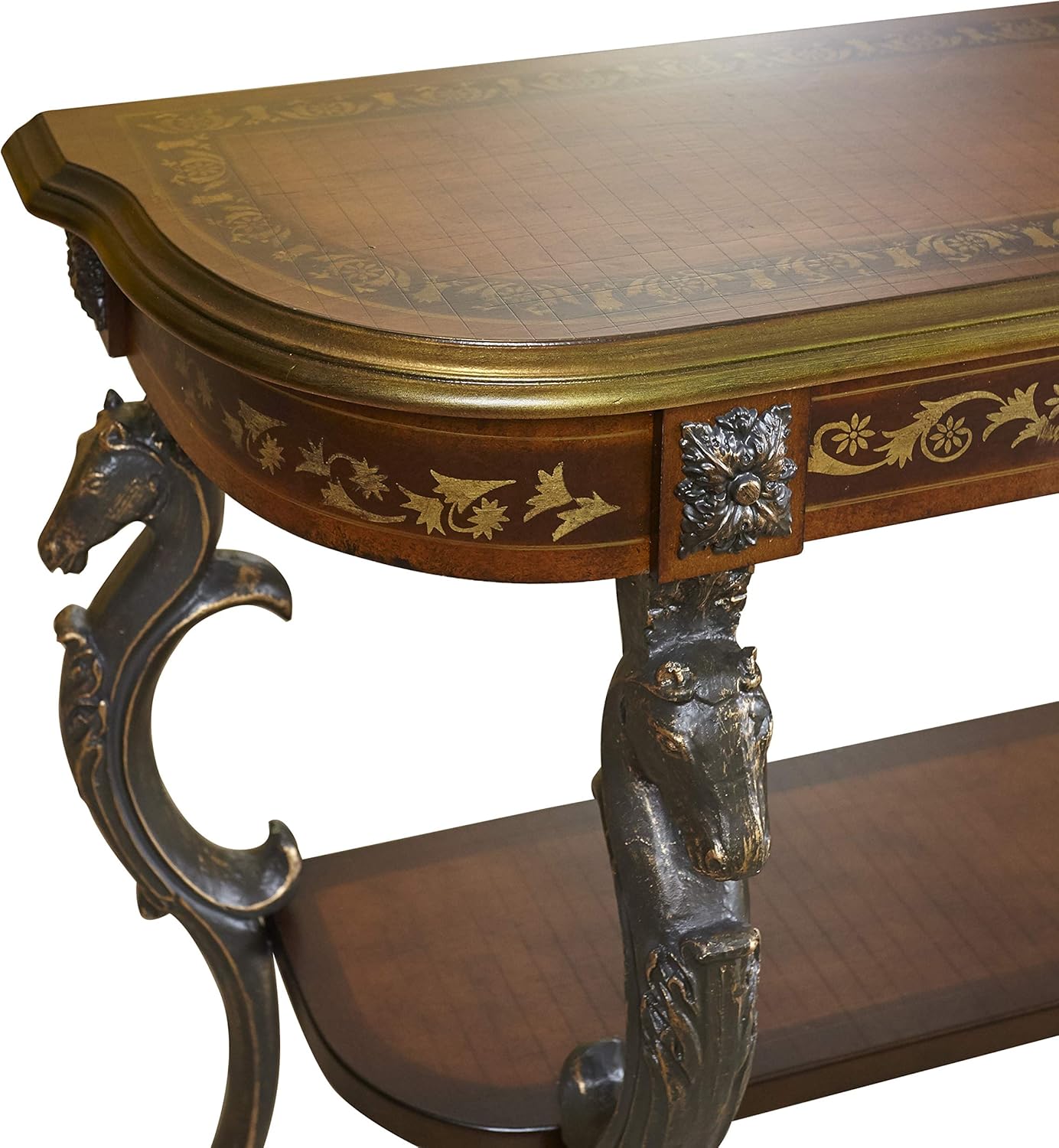 Powell Masterpiece Floral Demilune Console Table with Horse Head and Hoofed-Foot Cast Legs and Display Shelf