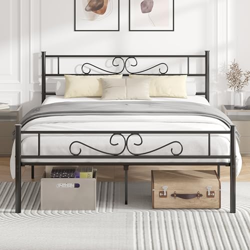 VECELO Full Size Bed Frame with Headboard, Heavy-Duty Platform with Metal Slats Support, No Box Spring Needed/Easy Assembly, Dark&Black