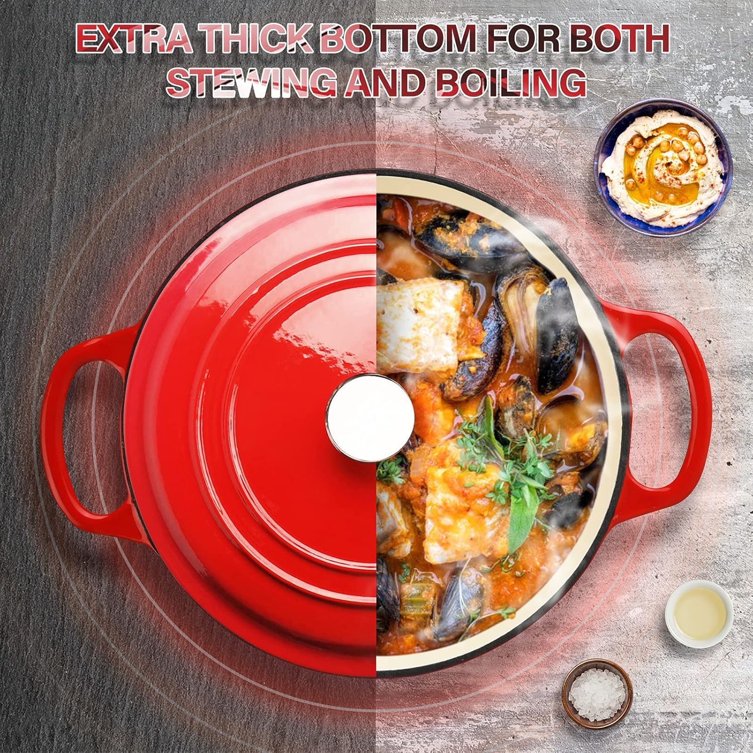 4.5 Quart Enamel Cast Iron Dutch Oven with Loop Handles, Covered Dutch Oven, Enamel Stockpot with Lid, Red