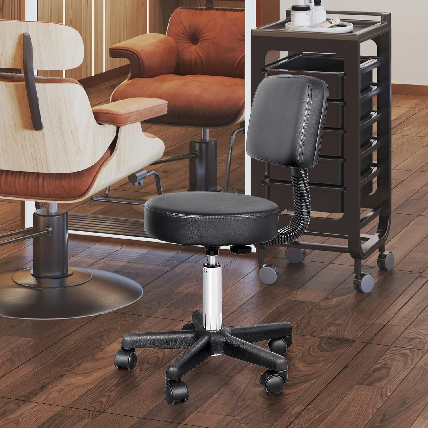 HOMCOM Swivel Medical Salon Stool with Back Support, Rolling Office Drafting Chair with Adjustable Height, PU Leather Surface and Wheels, Black