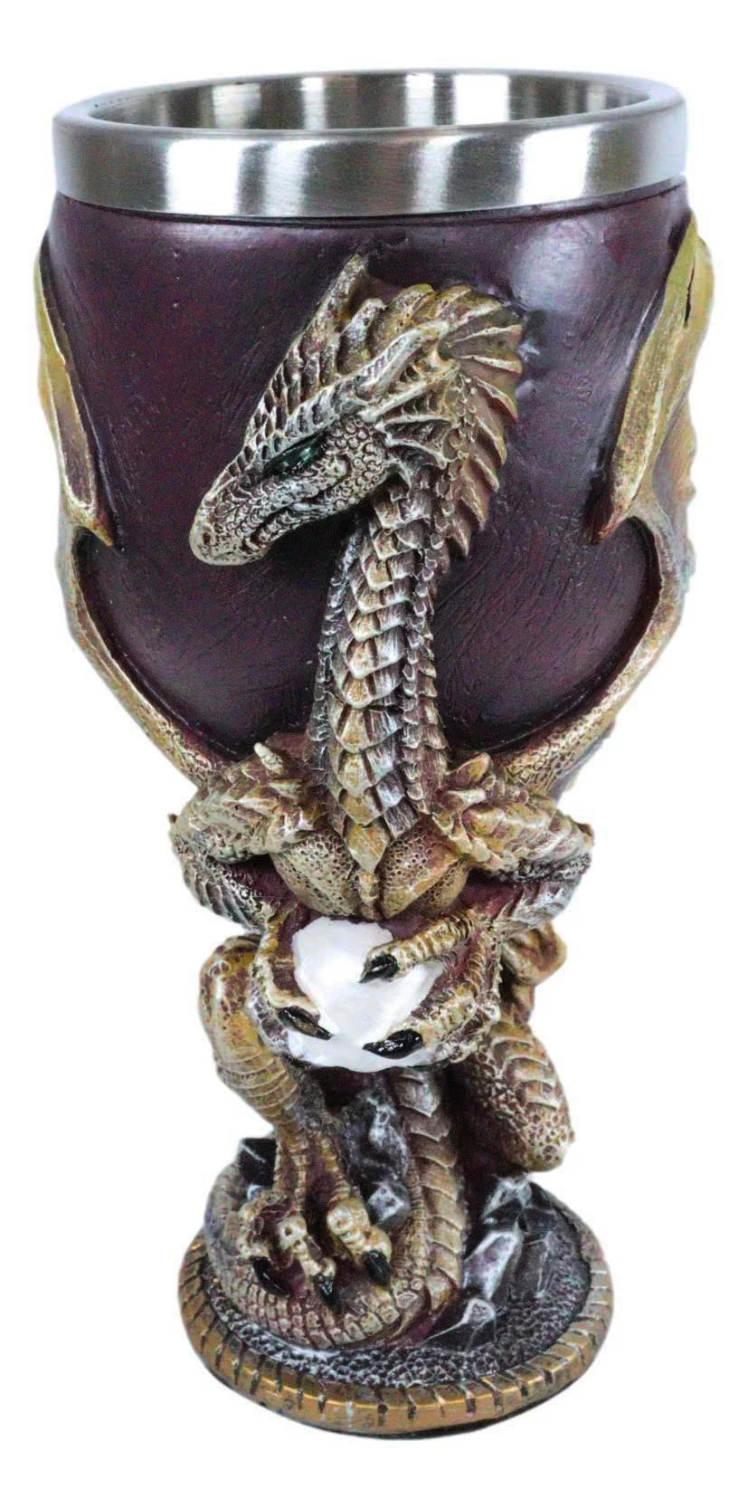Ebros Maroon And Gold Medieval Dragon Wyvern Holding Egg Wine Goblet Chalice 5oz