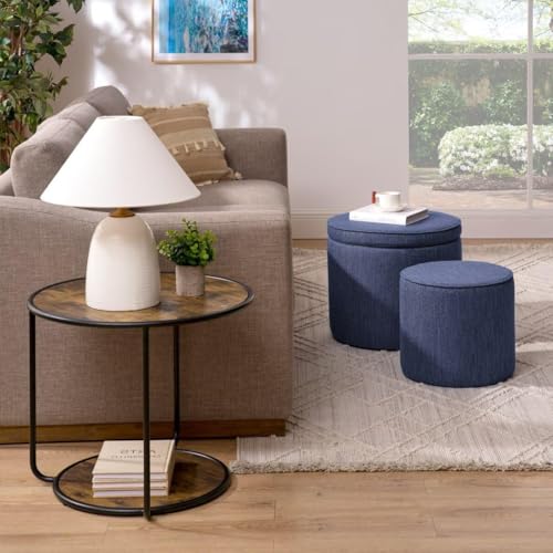 Round Storage Ottoman and Coffee Table Set - 2 Pcs Linen Upholstered Nesting Tables with Storage for Living Room and Bedroom, Versatile Ottoman and Vanity Stool Combo