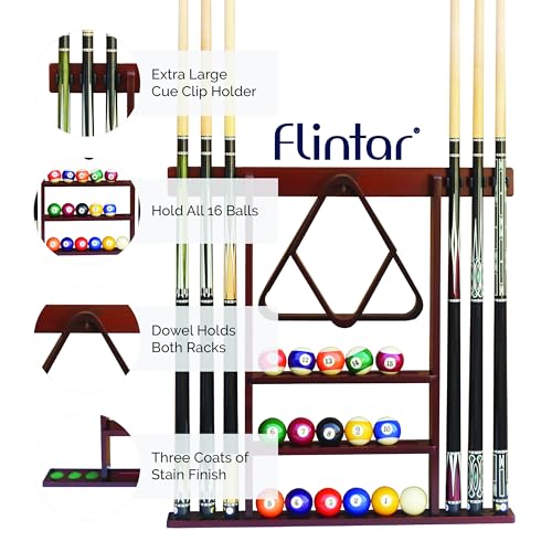 Flintar Wall Mount Cue Rack, Billiard Pool Cue Stick holder, Premium Quality Made in TAIWAN, Solid Hardwood, Cue Rack Only