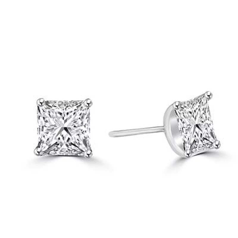 Prong Set Stud Earrings with Artificial Princess Cut Diamond by Diamond Essence set in Sterling Silver