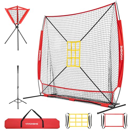 VIVOHOME Baseball Softball Hitting Net with Large Ball Collection System, 7 x 7 ft Baseball Batting Pitching Net with Tee, 2 Strike Zone, Carry Bag