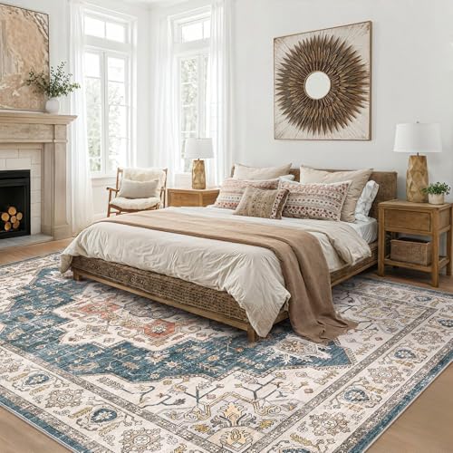 Area Rug 10x14 Washable Vintage - Soft Traditional Rug for Living Room Bedroom Dining Room or Home Office -Non Slip Backing Large Rugs with Low Pile Farmhouse Oriental Retro Carpet - Tea Brown