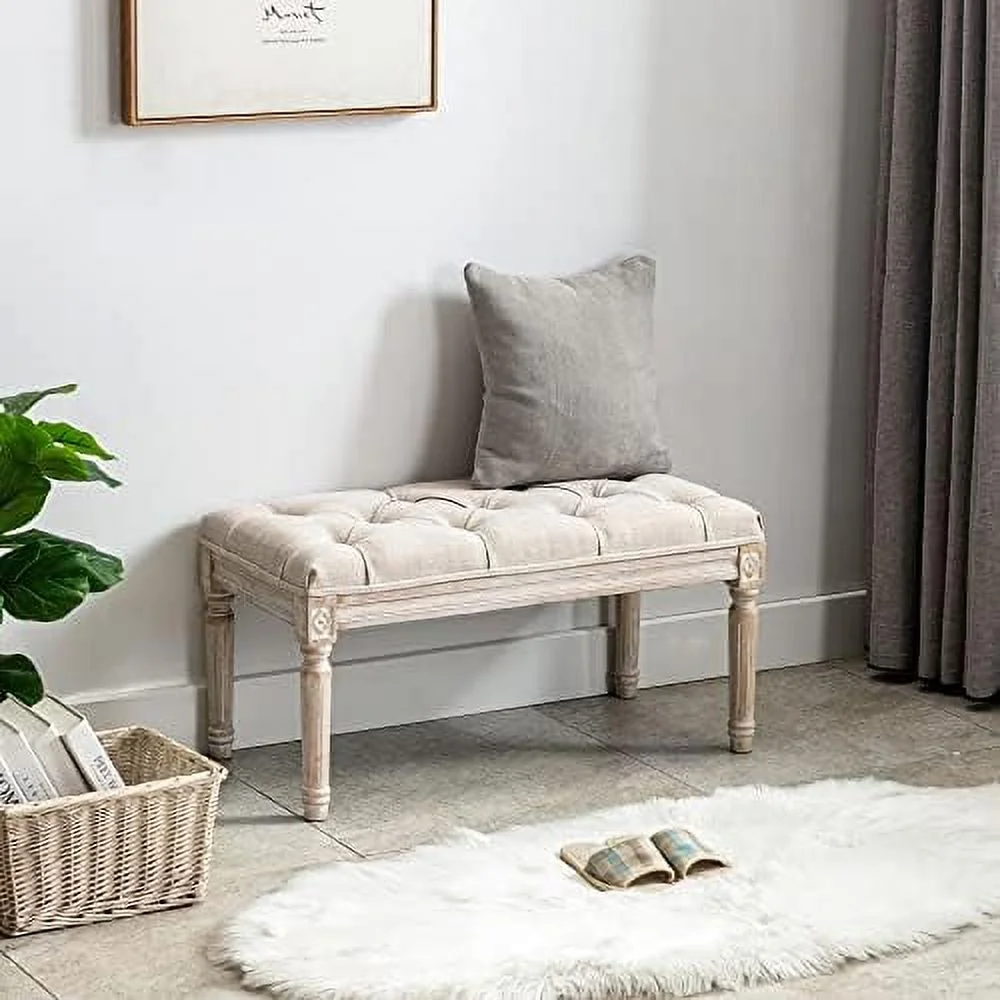 HJZUINIUNIU Fabric Entryway Bench  French Vintage Tufted Upholstered Bedroom Bench Cushion Small Bench Seat  Beige