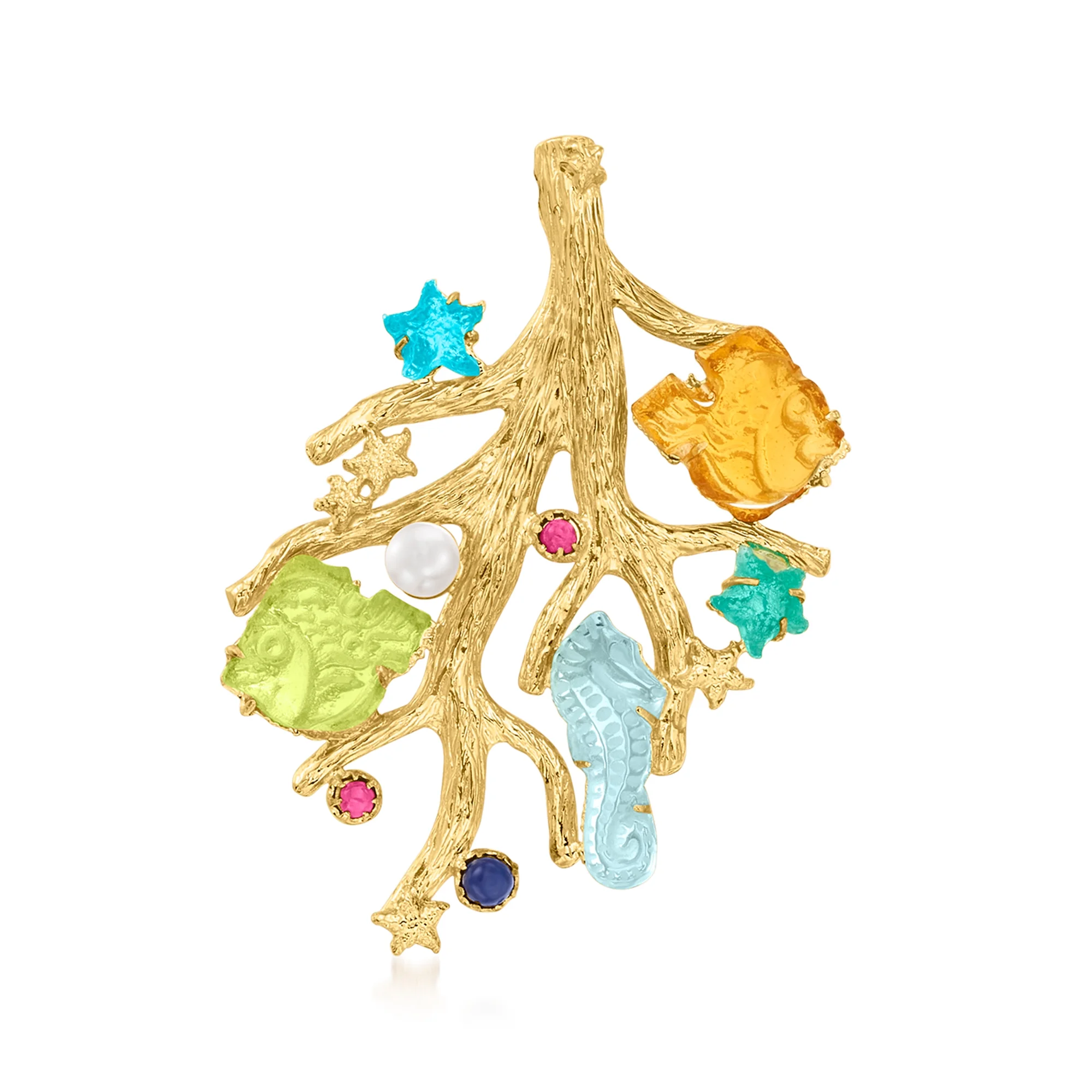 Ross-Simons Italian Tagliamonte Multicolored Venetian Glass and .70 ct. t.w. Multi-Gemstone Sea Life Pendant With Cultured Pearl in 18kt Gold Over Sterling, Women's, Adult